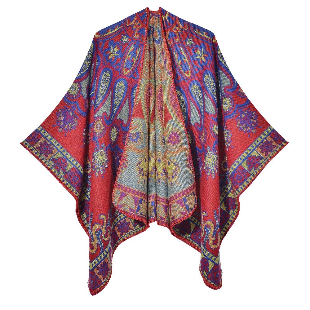 9534 Women's Vintage Pattern Open Front Poncho Cape Shawl Winter Shawl Wraps